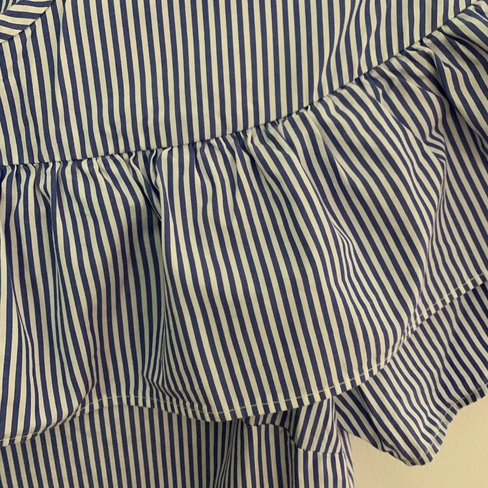 J. Crew Blue and White Striped Ruffle-Trim Blouse